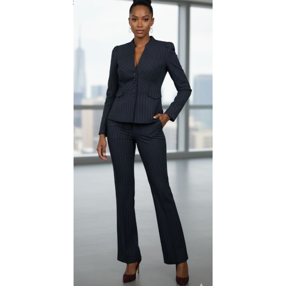 Classiques Entier Pinstripe Blazer And Wide Leg Pants Suit Set Women's 10